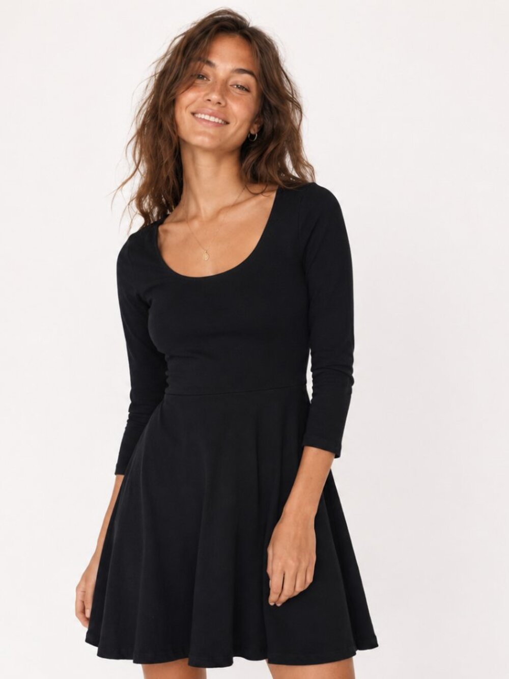 Pact Black Swing Dress Fit & Flare Organic Cotton Pockets 3/4 Sleeve Women Small